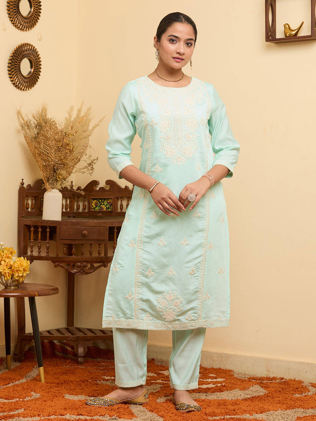 Blue Threadwork Chanderi Readymade Salwar Suit