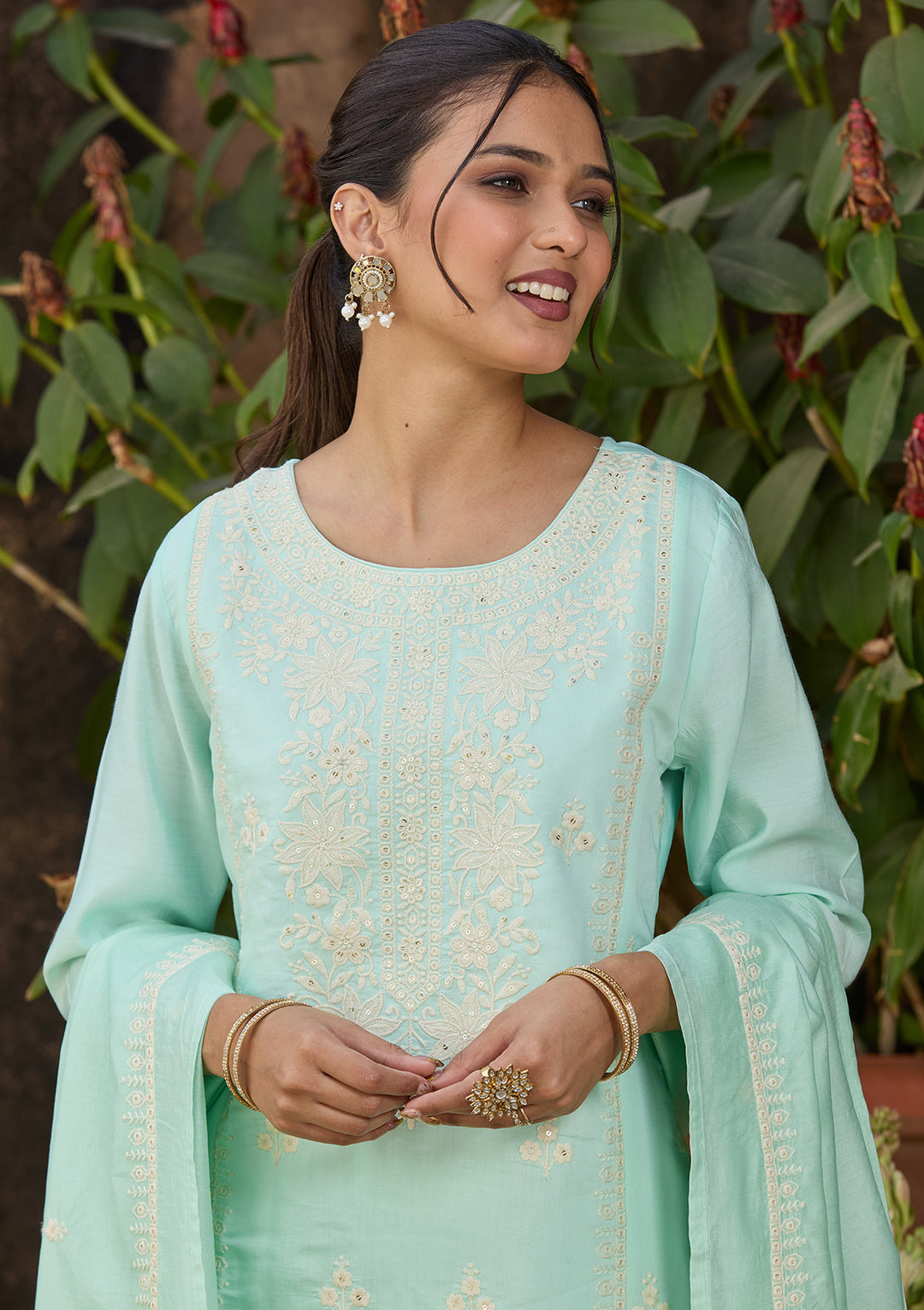 Blue Chanderi Threadwork Straight Kurta With Regular Pant And Dupatta