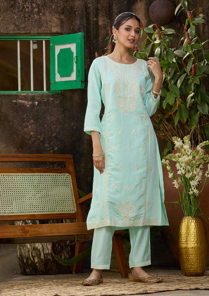 Blue Chanderi Threadwork Straight Kurta With Regular Pant And Dupatta