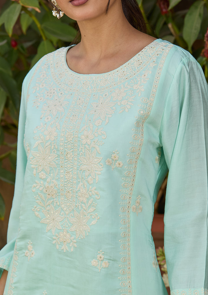 Blue Chanderi Threadwork Straight Kurta With Regular Pant And Dupatta