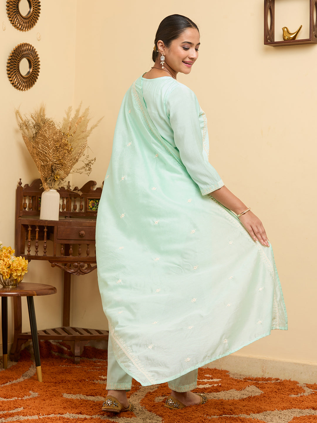 Blue Threadwork Chanderi Readymade Salwar Suit