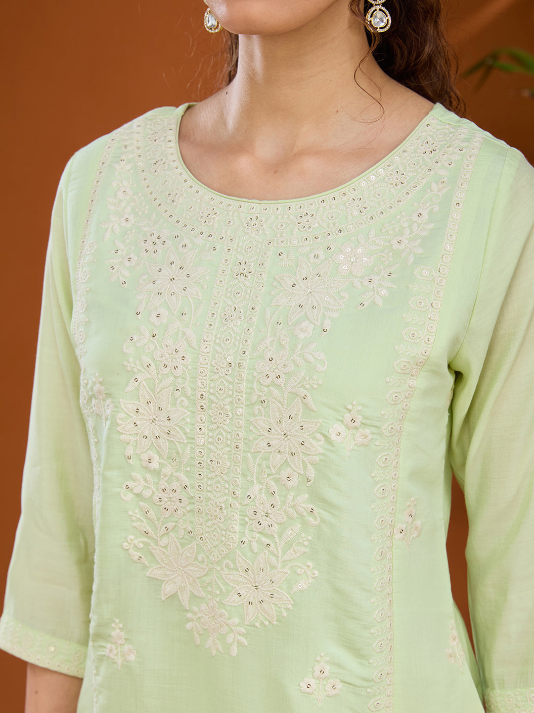 Pista Green Threadwork Chanderi Readymade Salwar Suit