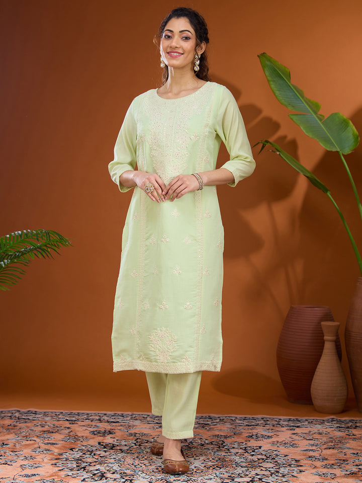 Pista Green Threadwork Chanderi Readymade Salwar Suit