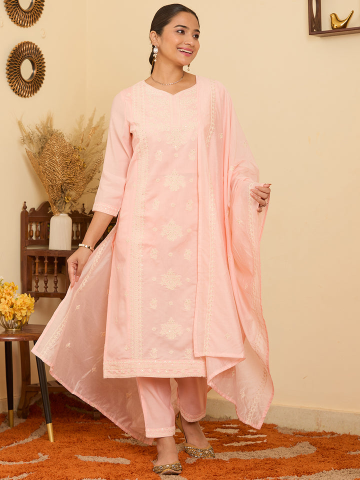 Peach Threadwork Chanderi Readymade Salwar Suit