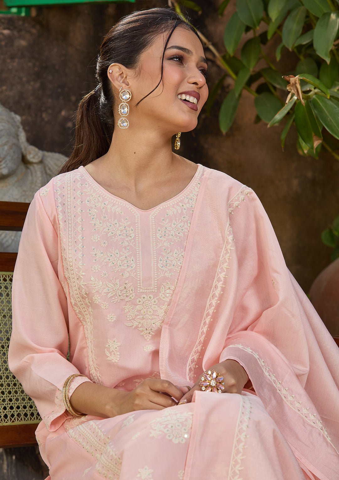 Peach Chanderi Threadwork Straight Kurta With Pant Regular And Dupatta