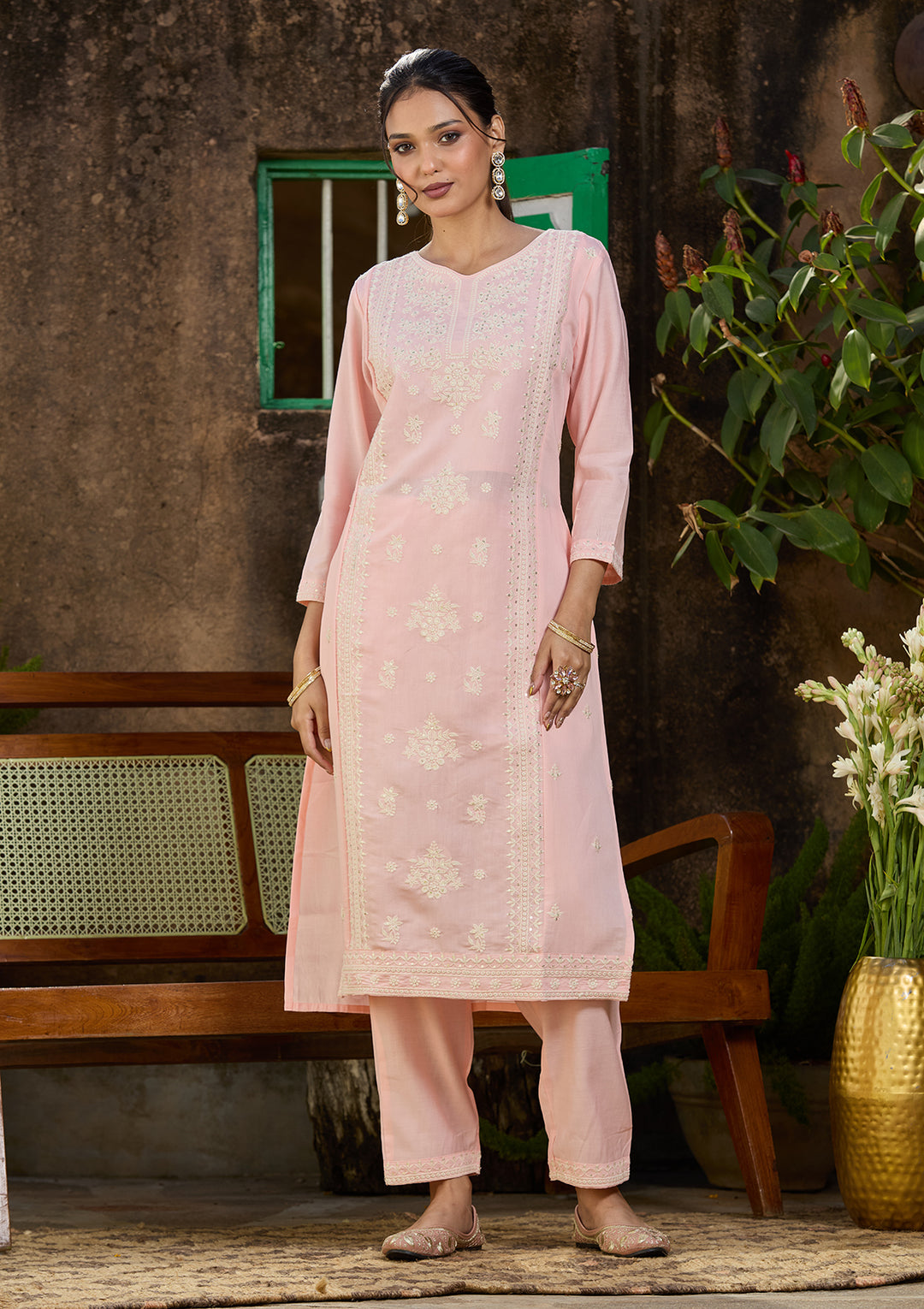 Peach Chanderi Threadwork Straight Kurta With Pant Regular And Dupatta