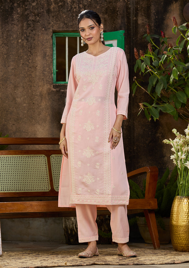 Peach Chanderi Threadwork Straight Kurta With Pant Regular And Dupatta