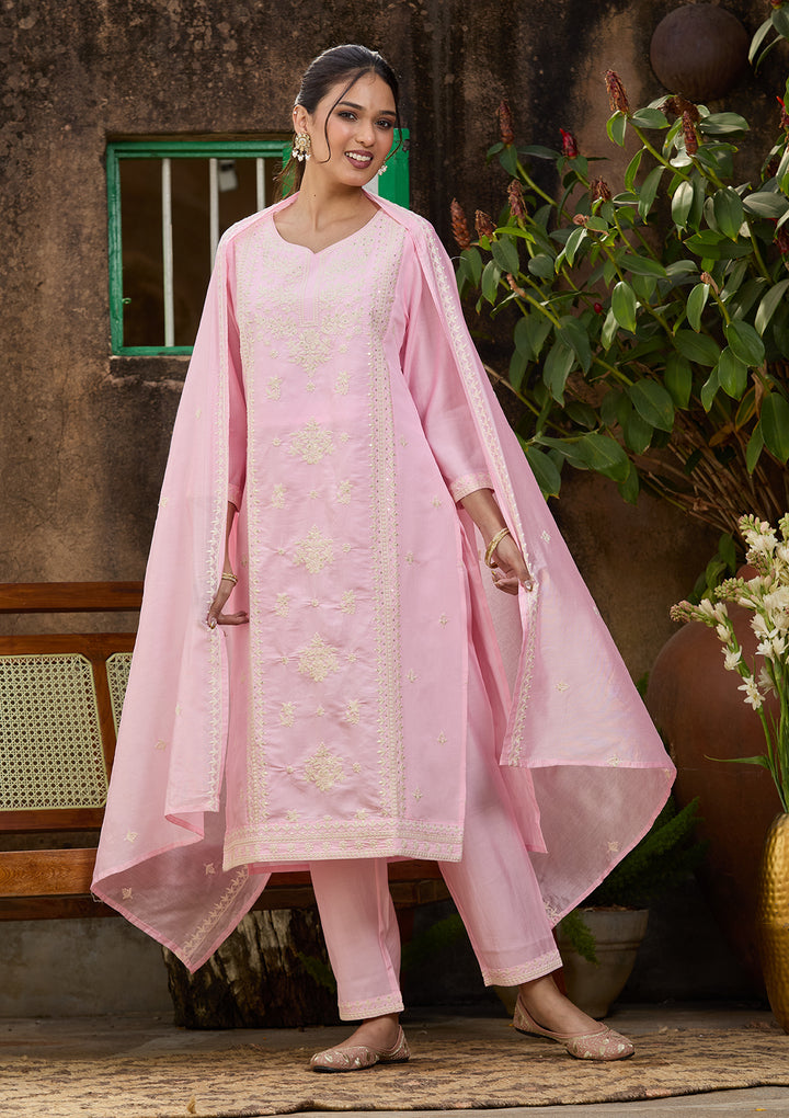 Pink Chanderi Threadwork Straight Kurta With Regular Pant And Dupatta