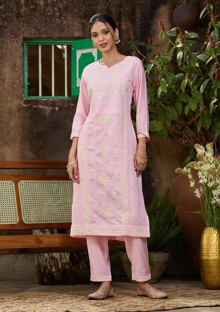 Pink Chanderi Threadwork Straight Kurta With Regular Pant And Dupatta