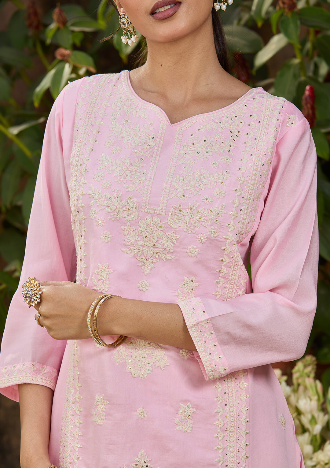 Pink Chanderi Threadwork Straight Kurta With Regular Pant And Dupatta
