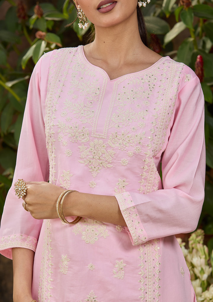Pink Chanderi Threadwork Straight Kurta With Regular Pant And Dupatta