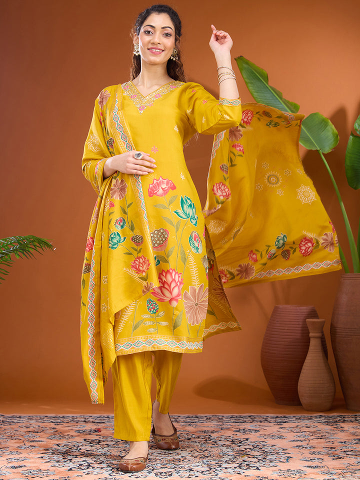 Mustard Yellow Threadwork Soft Raw Silk Readymade Salwar Suit