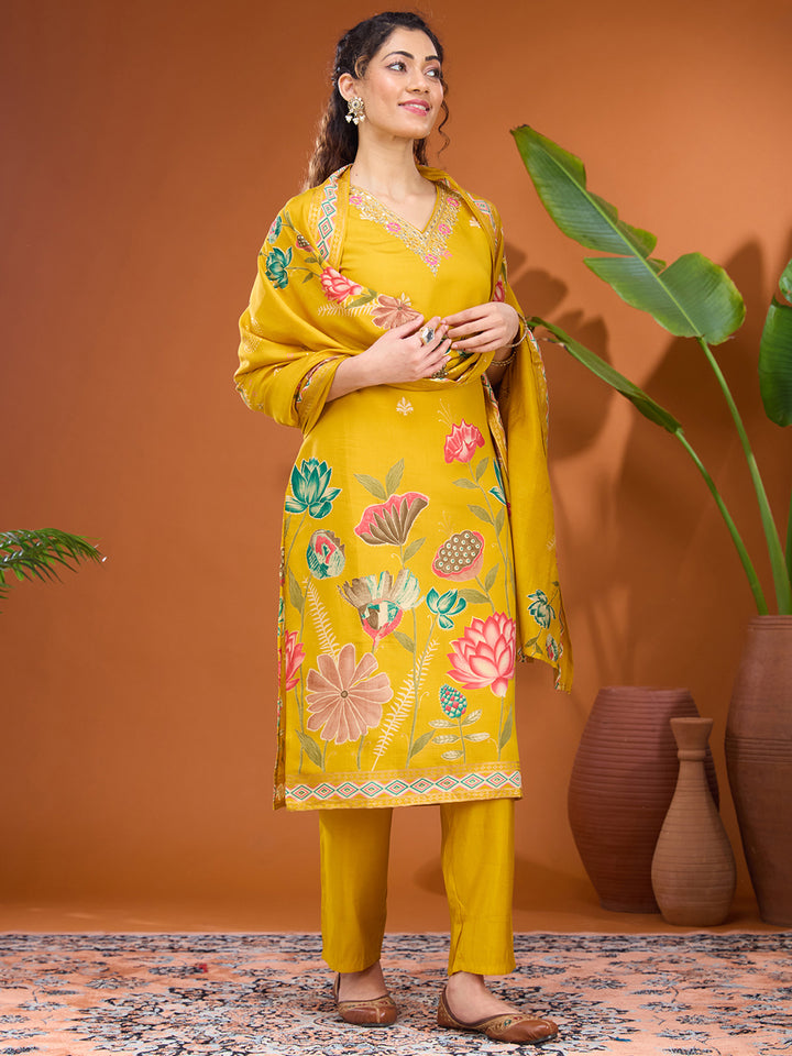 Mustard Yellow Threadwork Soft Raw Silk Readymade Salwar Suit