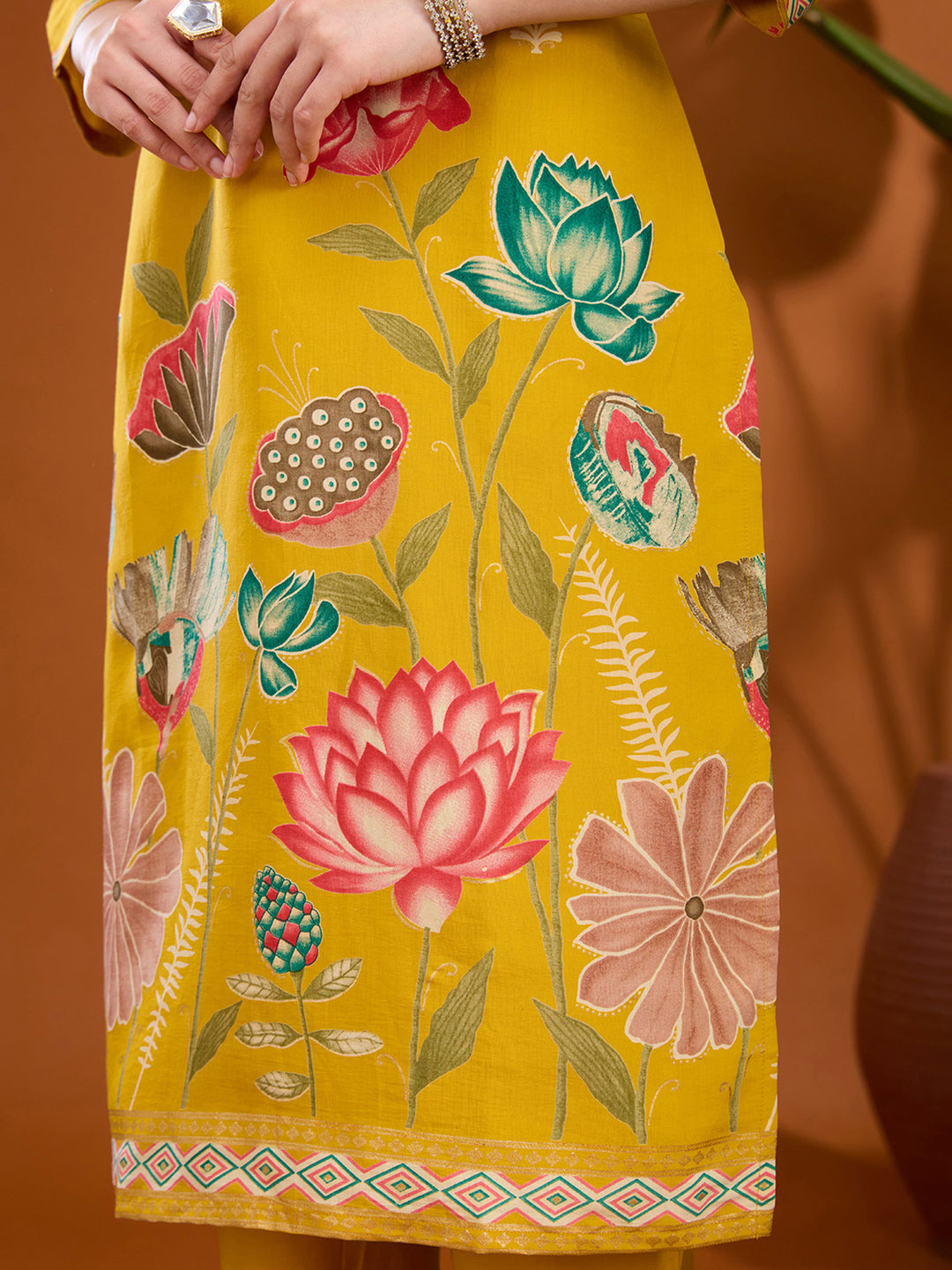 Mustard Yellow Threadwork Soft Raw Silk Readymade Salwar Suit