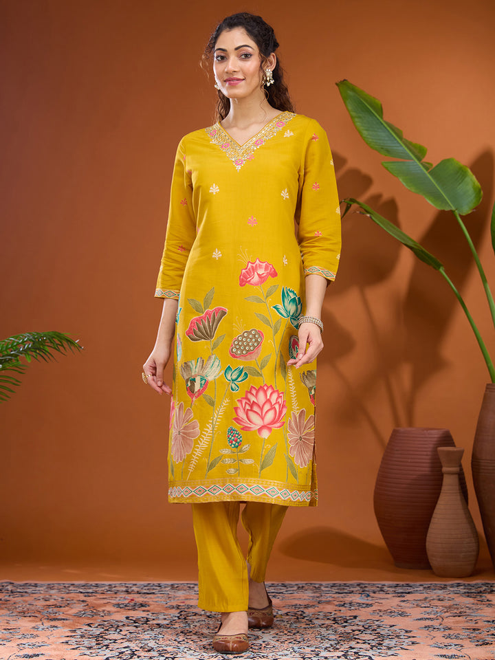 Mustard Yellow Threadwork Soft Raw Silk Readymade Salwar Suit