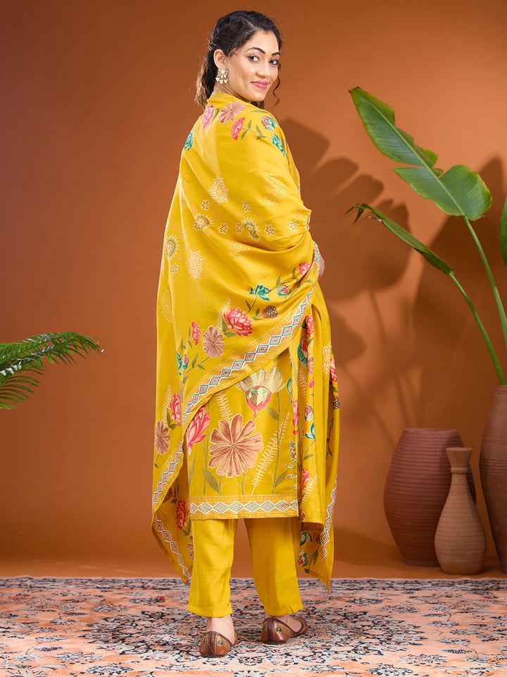 Mustard Yellow Threadwork Soft Raw Silk Readymade Salwar Suit