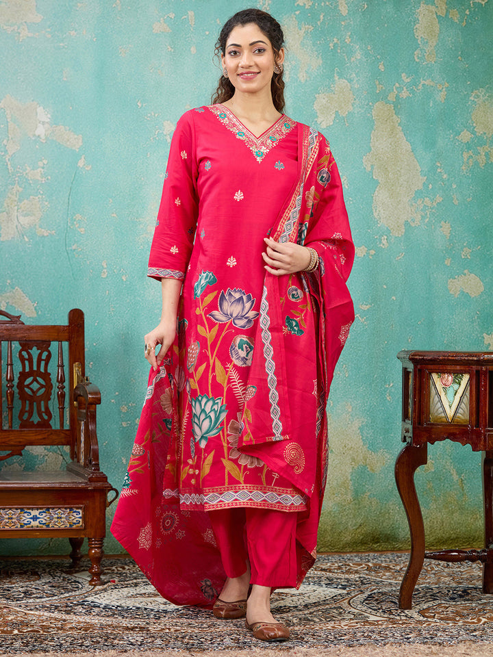 Rani Pink Threadwork Soft Raw Silk Readymade Salwar Suit