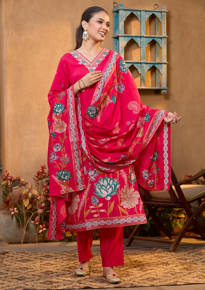 Rani Pink Soft Raw Silk Floral Threadwork Straight Kurta With Pant Regular And Dupatta