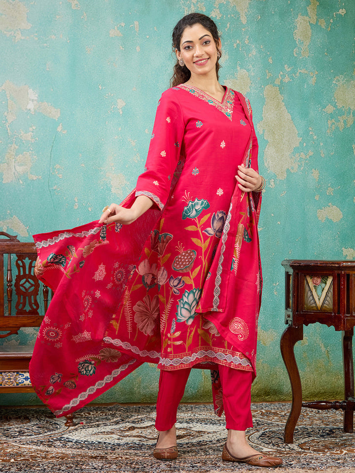 Rani Pink Threadwork Soft Raw Silk Readymade Salwar Suit
