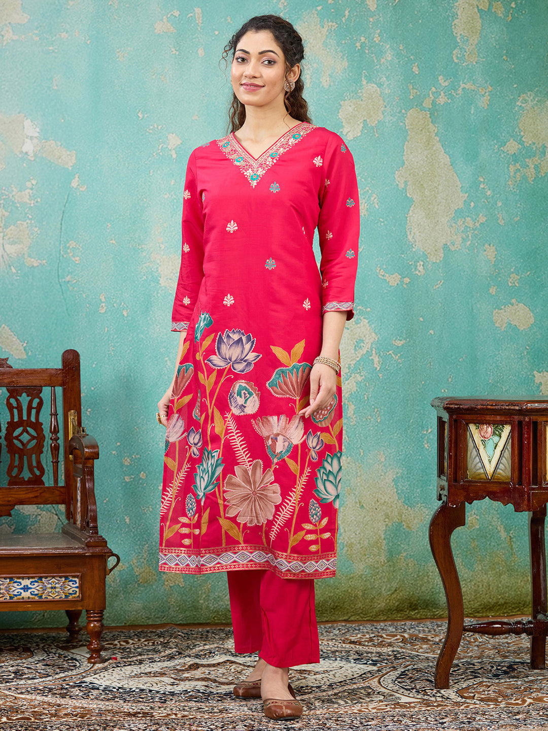 Rani Pink Threadwork Soft Raw Silk Readymade Salwar Suit