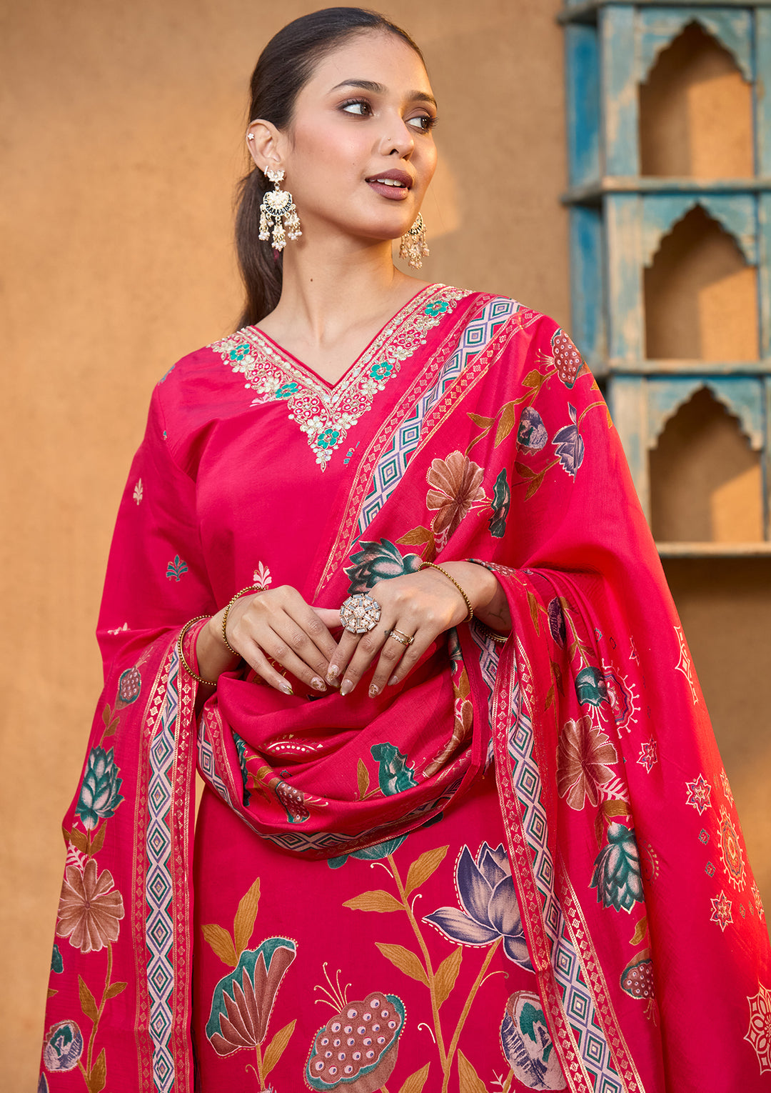 Rani Pink Soft Raw Silk Floral Threadwork Straight Kurta With Pant Regular And Dupatta