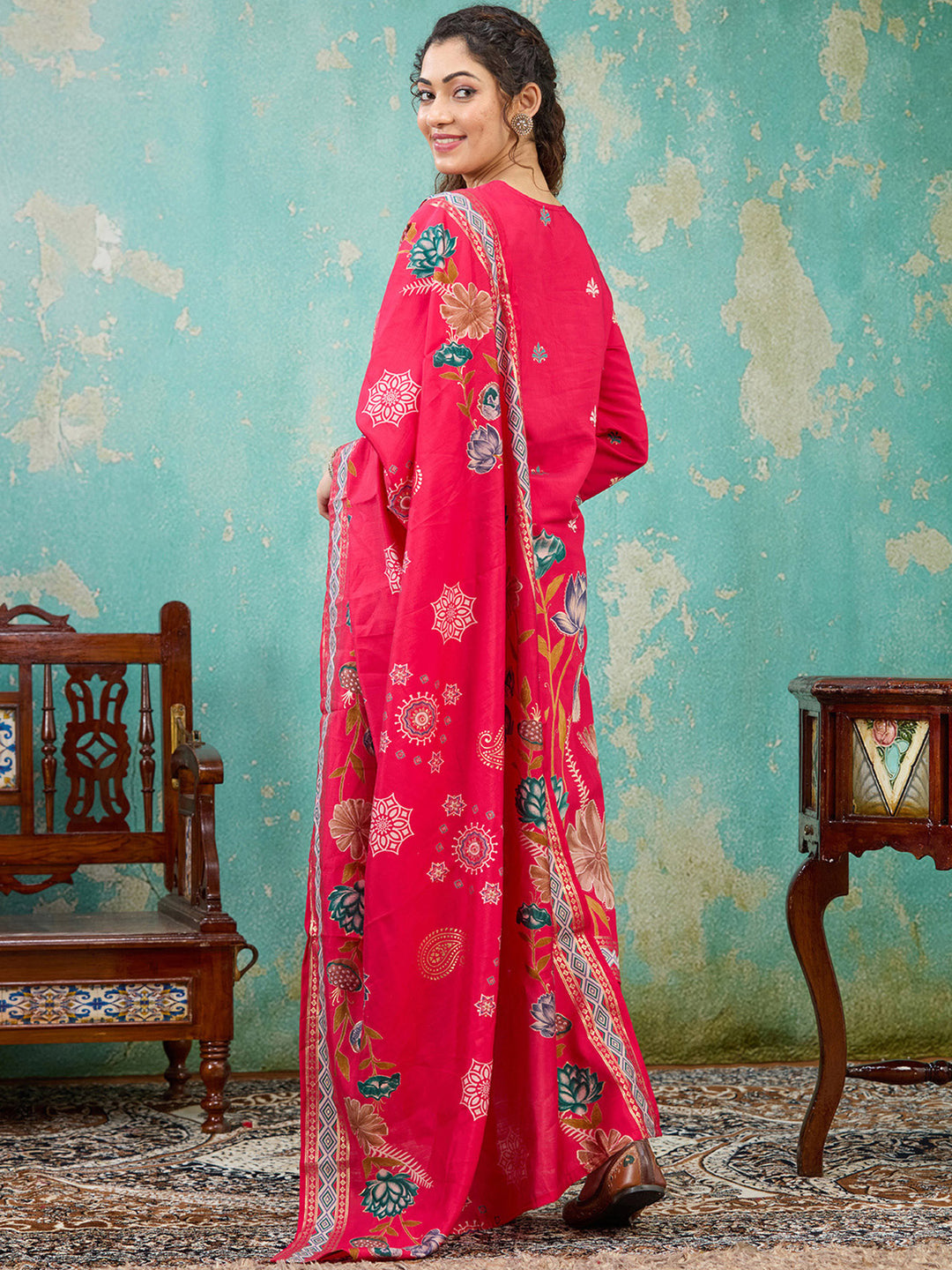 Rani Pink Threadwork Soft Raw Silk Readymade Salwar Suit