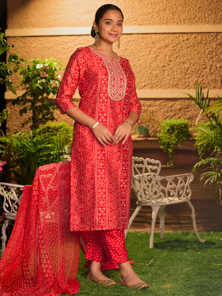 Red Cording Raw Silk Readymade Salwar Suit