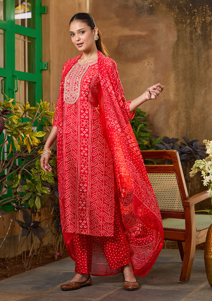 Red Raw Silk Bandhej Cording Straight Kurta With Regular Pant And Dupatta