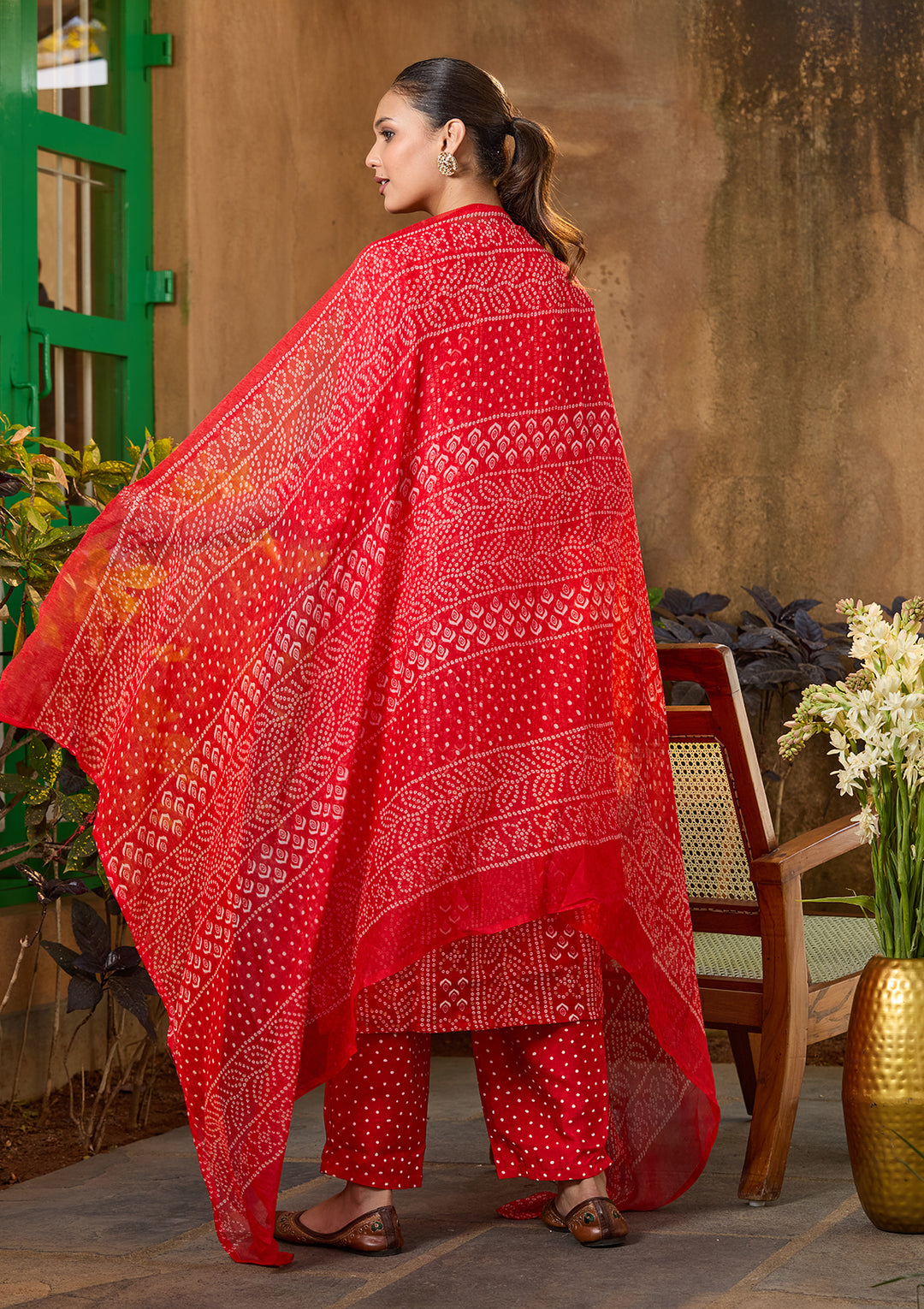 Red Raw Silk Bandhej Cording Straight Kurta With Regular Pant And Dupatta