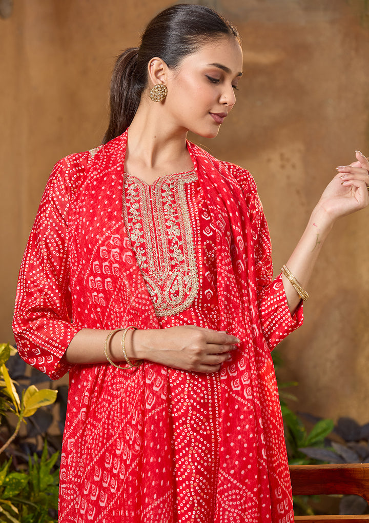 Red Raw Silk Bandhej Cording Straight Kurta With Regular Pant And Dupatta