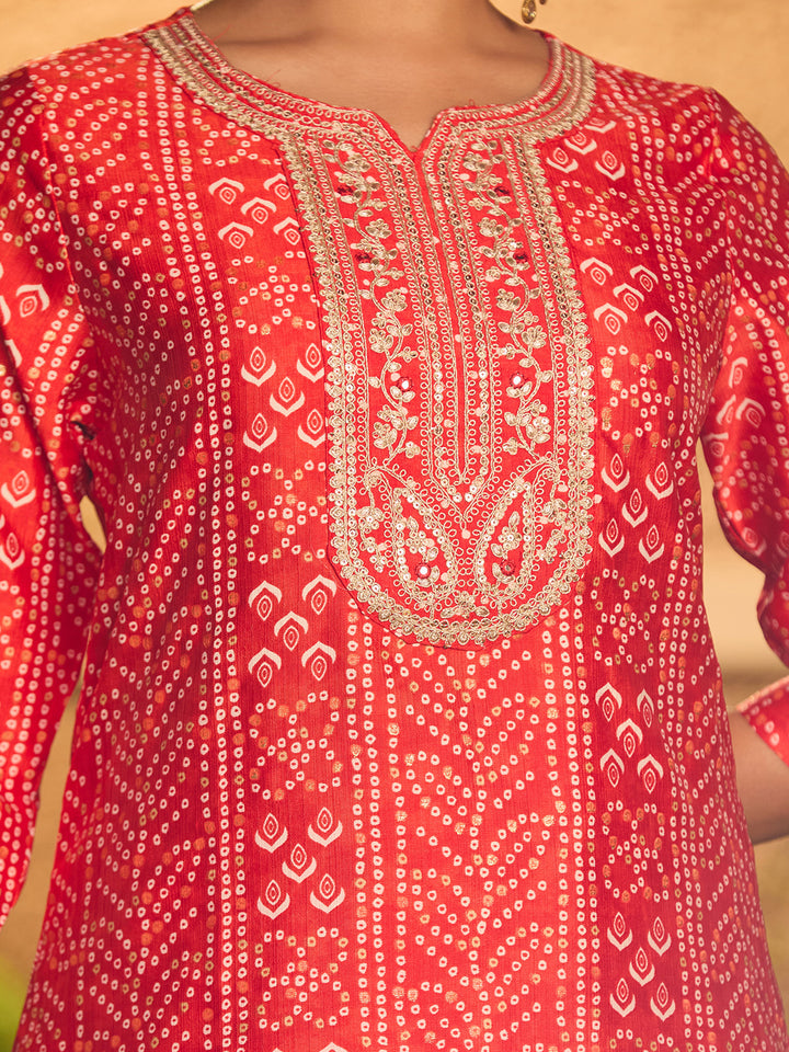 Red Cording Raw Silk Readymade Salwar Suit