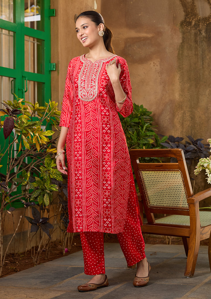 Red Raw Silk Bandhej Cording Straight Kurta With Regular Pant And Dupatta