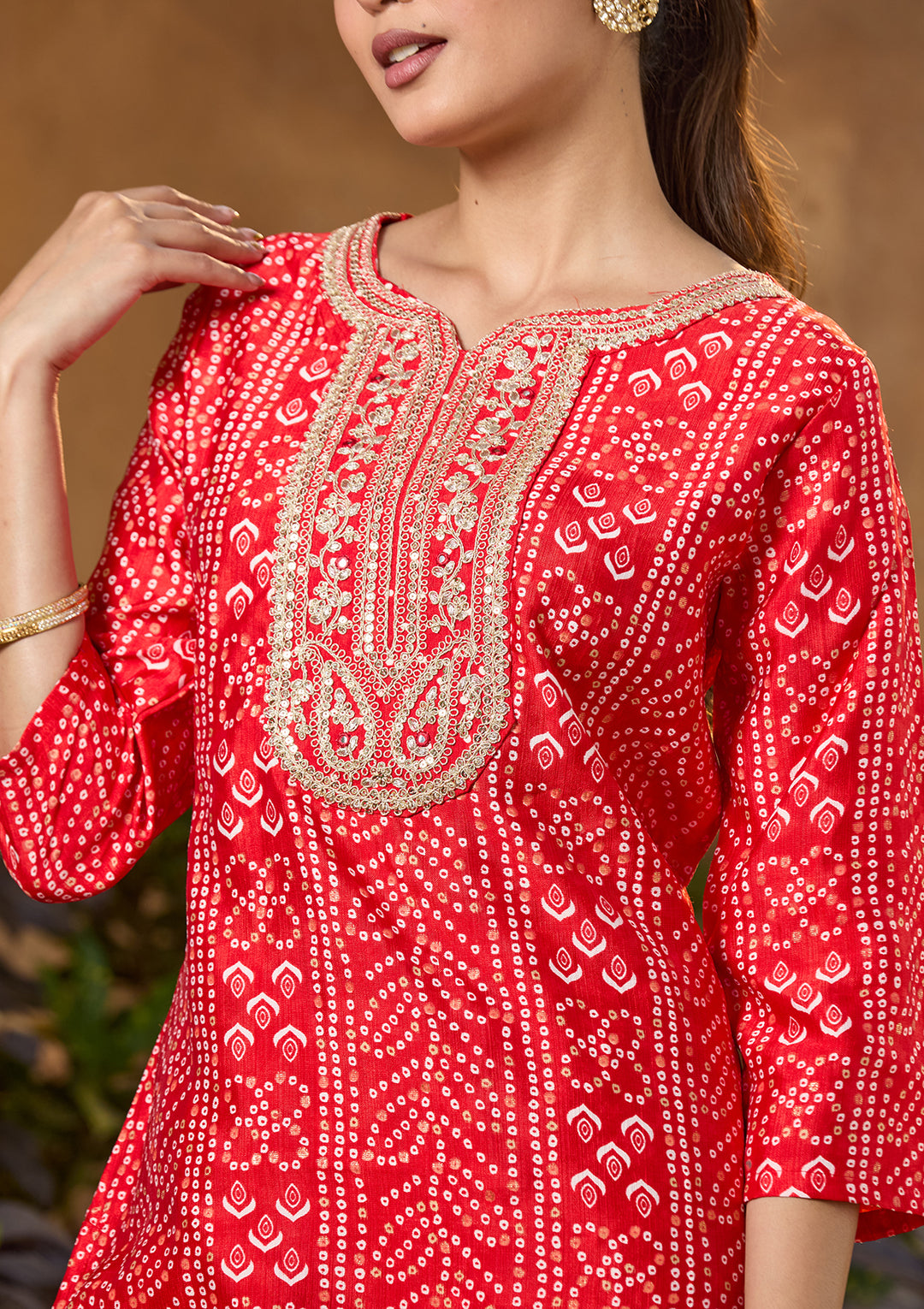 Red Raw Silk Bandhej Cording Straight Kurta With Regular Pant And Dupatta