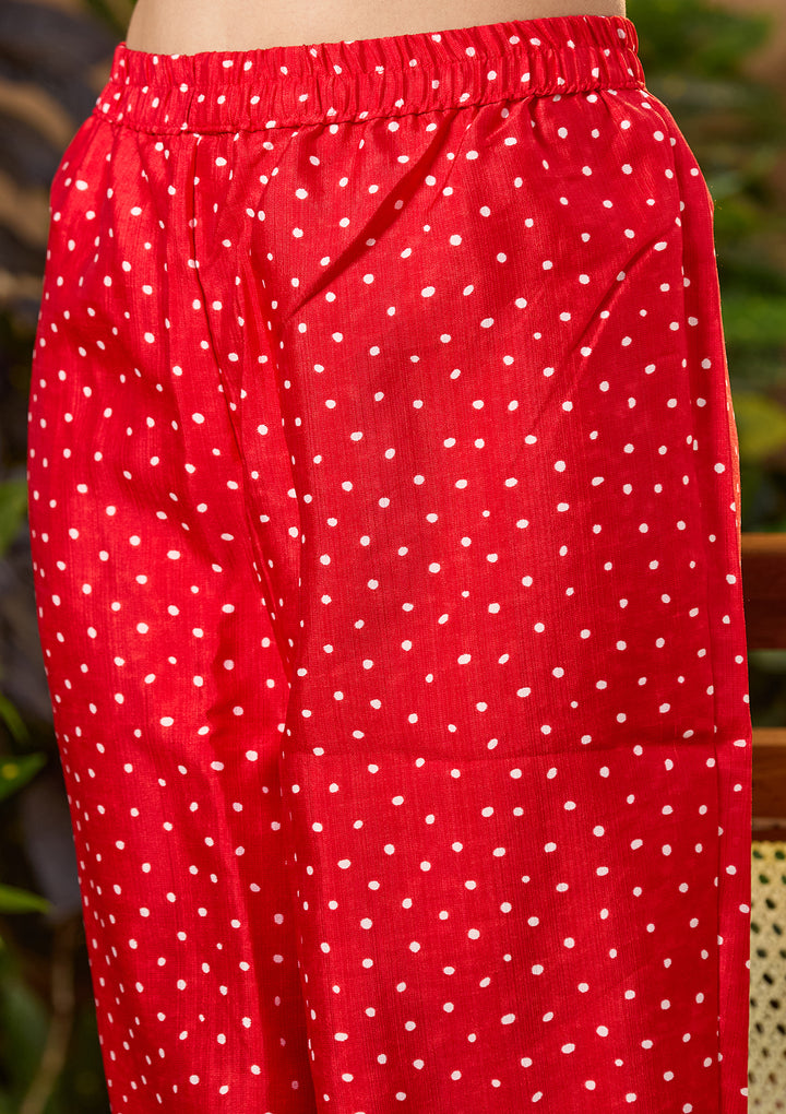 Red Raw Silk Bandhej Cording Straight Kurta With Regular Pant And Dupatta