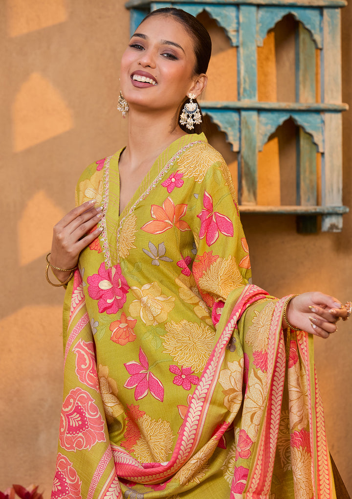 Pista Green Soft Raw Silk Floral Cording Straight Kurta With Pant Regular And Dupatta