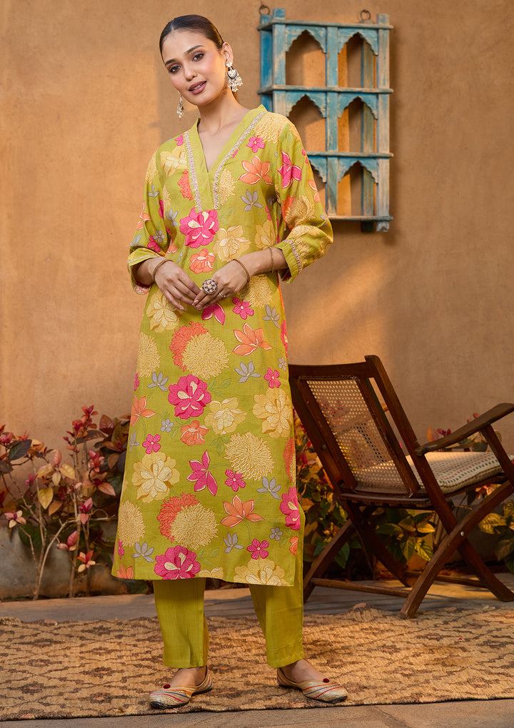 Pista Green Soft Raw Silk Floral Cording Straight Kurta With Pant Regular And Dupatta
