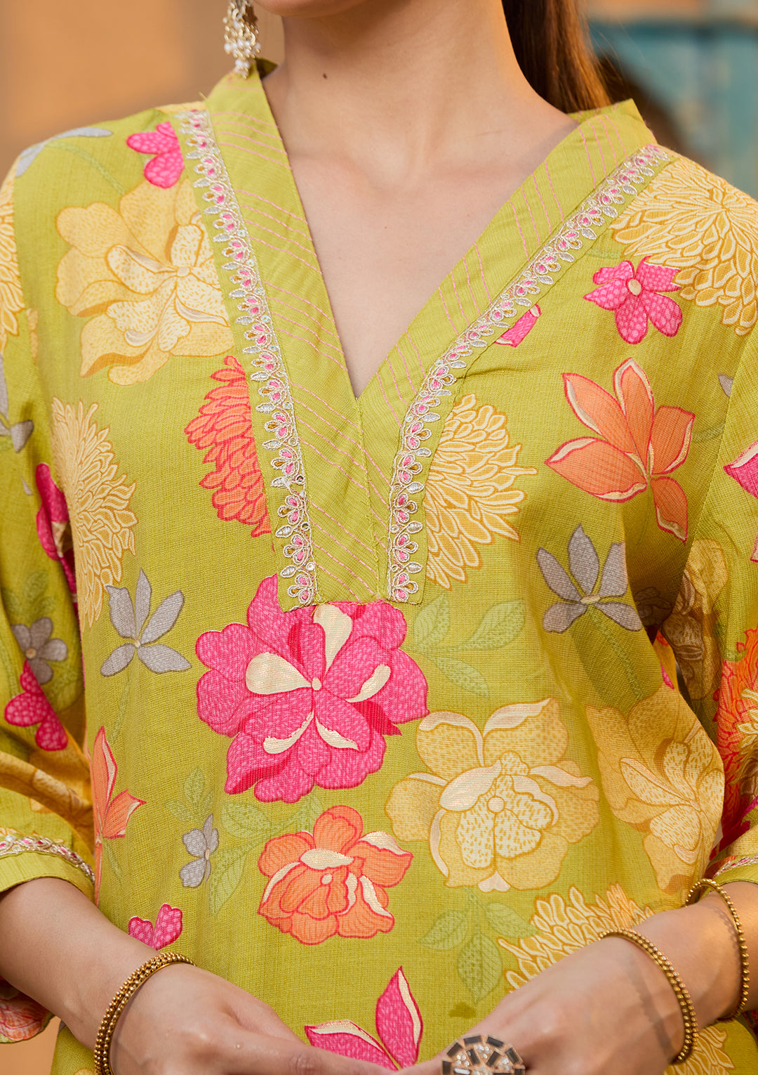 Pista Green Soft Raw Silk Floral Cording Straight Kurta With Pant Regular And Dupatta