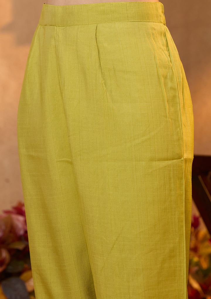 Pista Green Soft Raw Silk Floral Cording Straight Kurta With Pant Regular And Dupatta