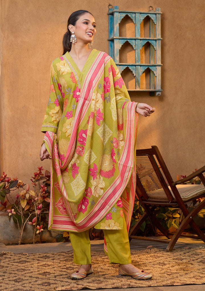 Pista Green Soft Raw Silk Floral Cording Straight Kurta With Pant Regular And Dupatta