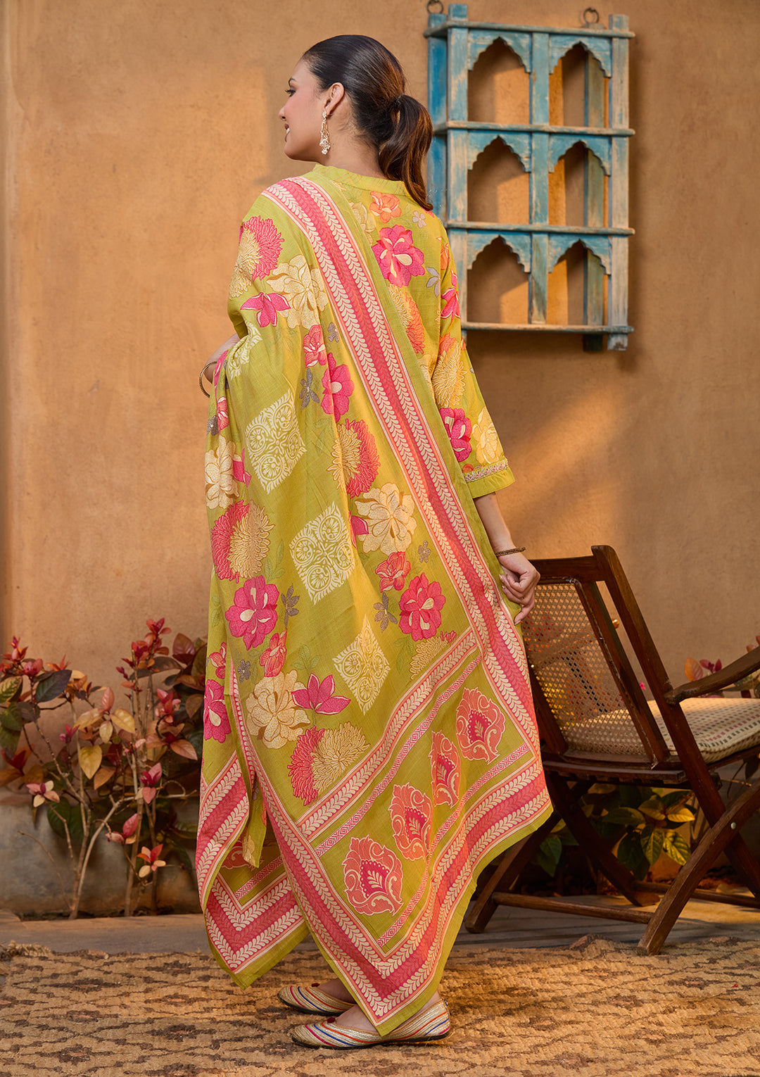 Pista Green Soft Raw Silk Floral Cording Straight Kurta With Pant Regular And Dupatta