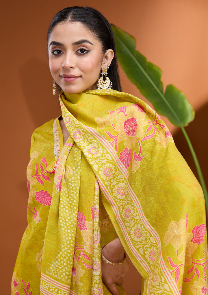 Mehandi Green Cording Soft Raw Silk Readymade Salwar Suit