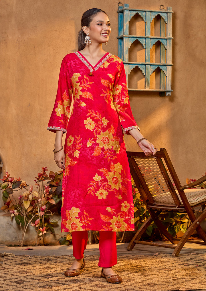 Rani Pink Soft Raw Silk Floral Cording Straight Kurta With Pant Regular And Dupatta