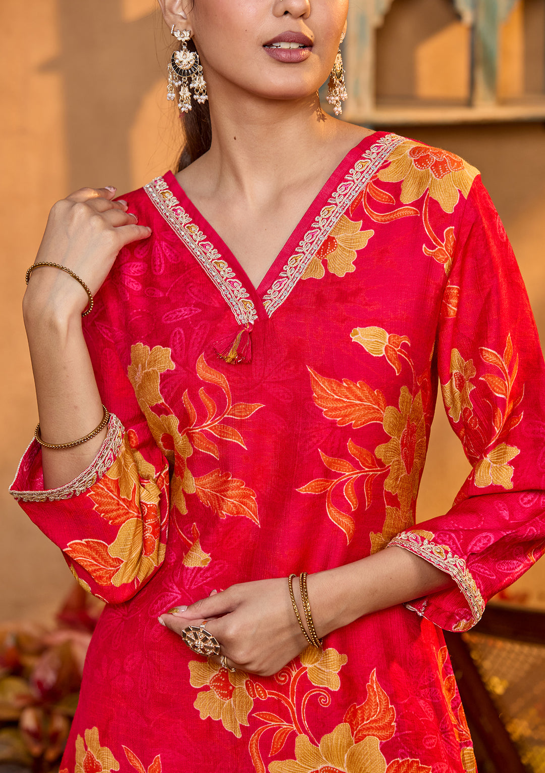 Rani Pink Soft Raw Silk Floral Cording Straight Kurta With Pant Regular And Dupatta