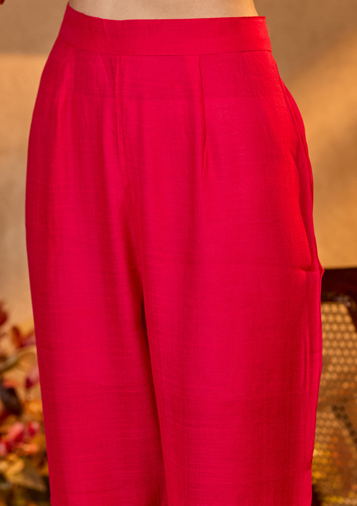 Rani Pink Soft Raw Silk Floral Cording Straight Kurta With Pant Regular And Dupatta