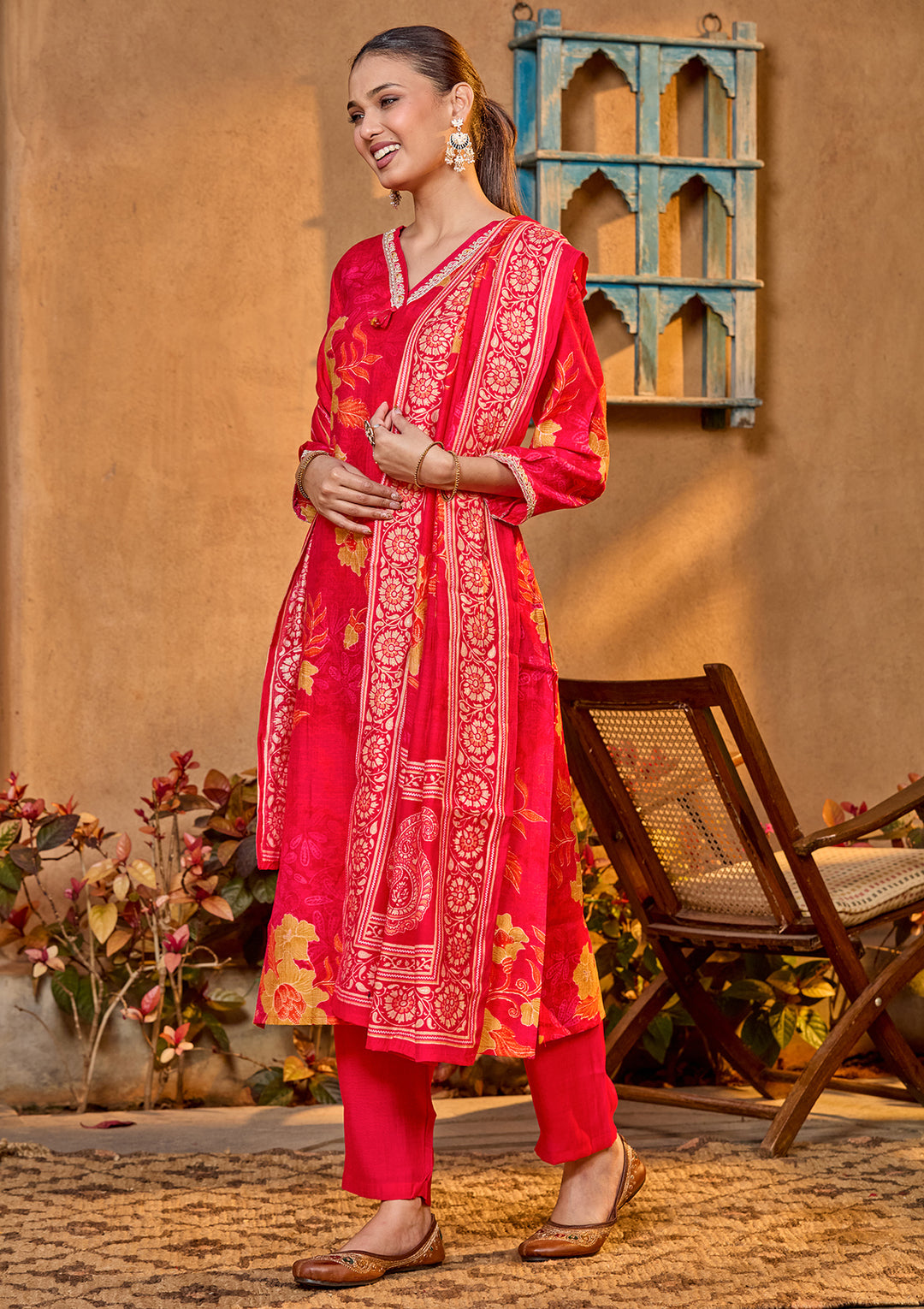 Rani Pink Soft Raw Silk Floral Cording Straight Kurta With Pant Regular And Dupatta
