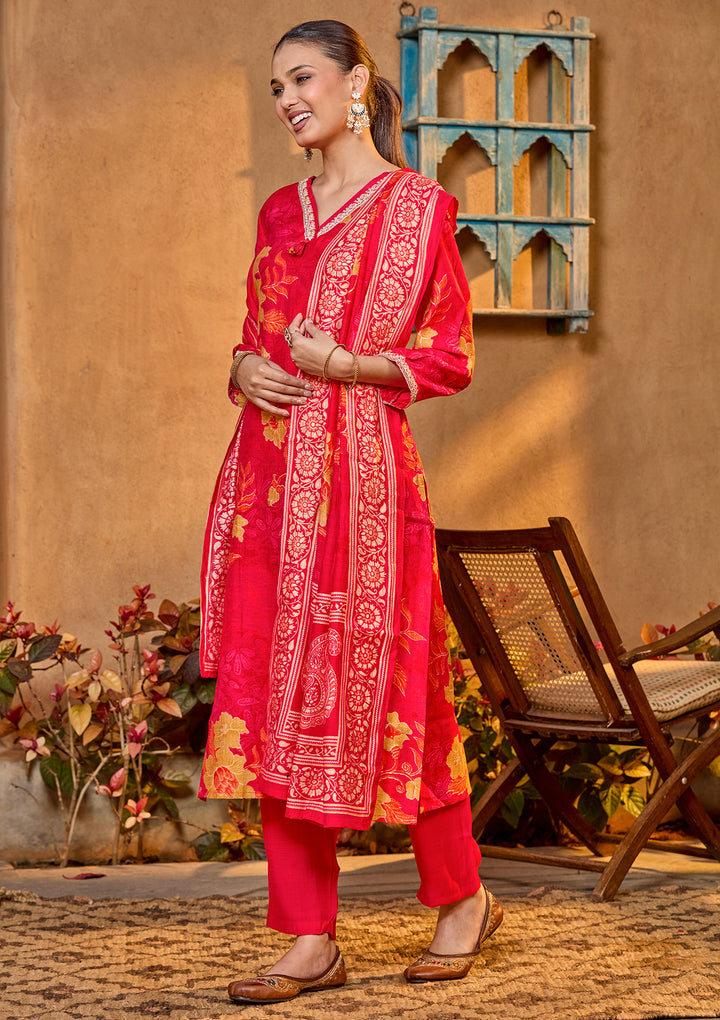 Rani Pink Soft Raw Silk Floral Cording Straight Kurta With Pant Regular And Dupatta