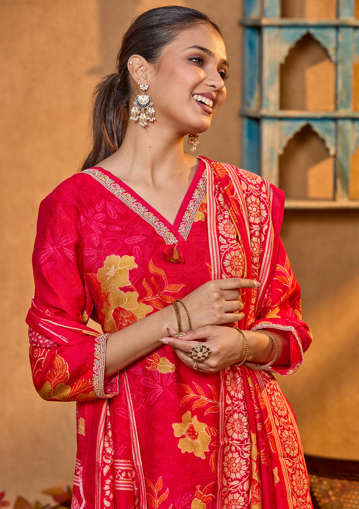 Rani Pink Soft Raw Silk Floral Cording Straight Kurta With Pant Regular And Dupatta