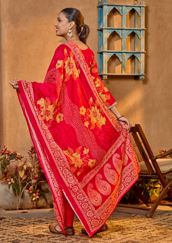 Rani Pink Soft Raw Silk Floral Cording Straight Kurta With Pant Regular And Dupatta