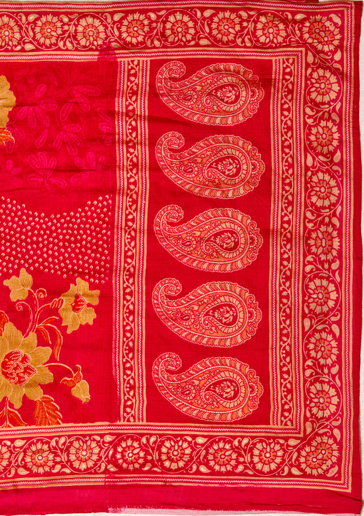 Rani Pink Soft Raw Silk Floral Cording Straight Kurta With Pant Regular And Dupatta