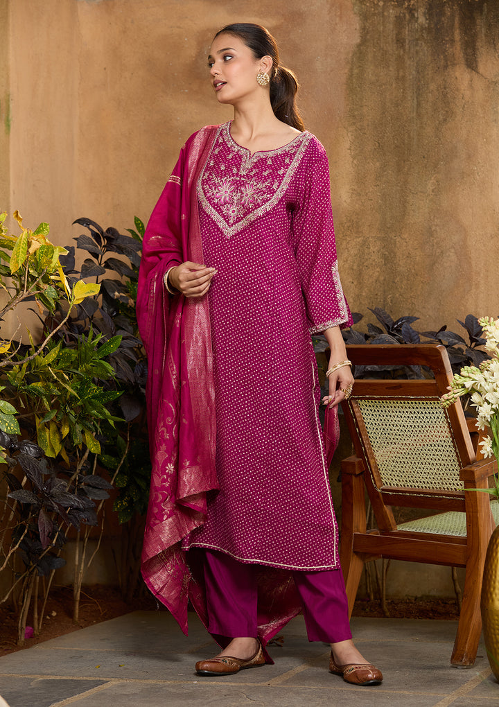Purple Chanderi Bandhej Cording Straight Kurta With Regular Pant And Dupatta